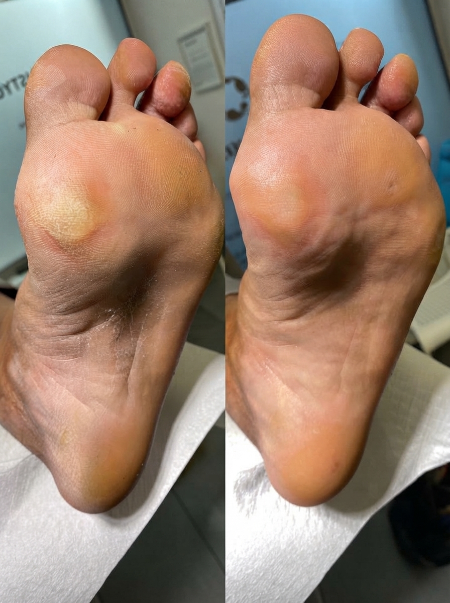 Medical pedicure result — sole before and after